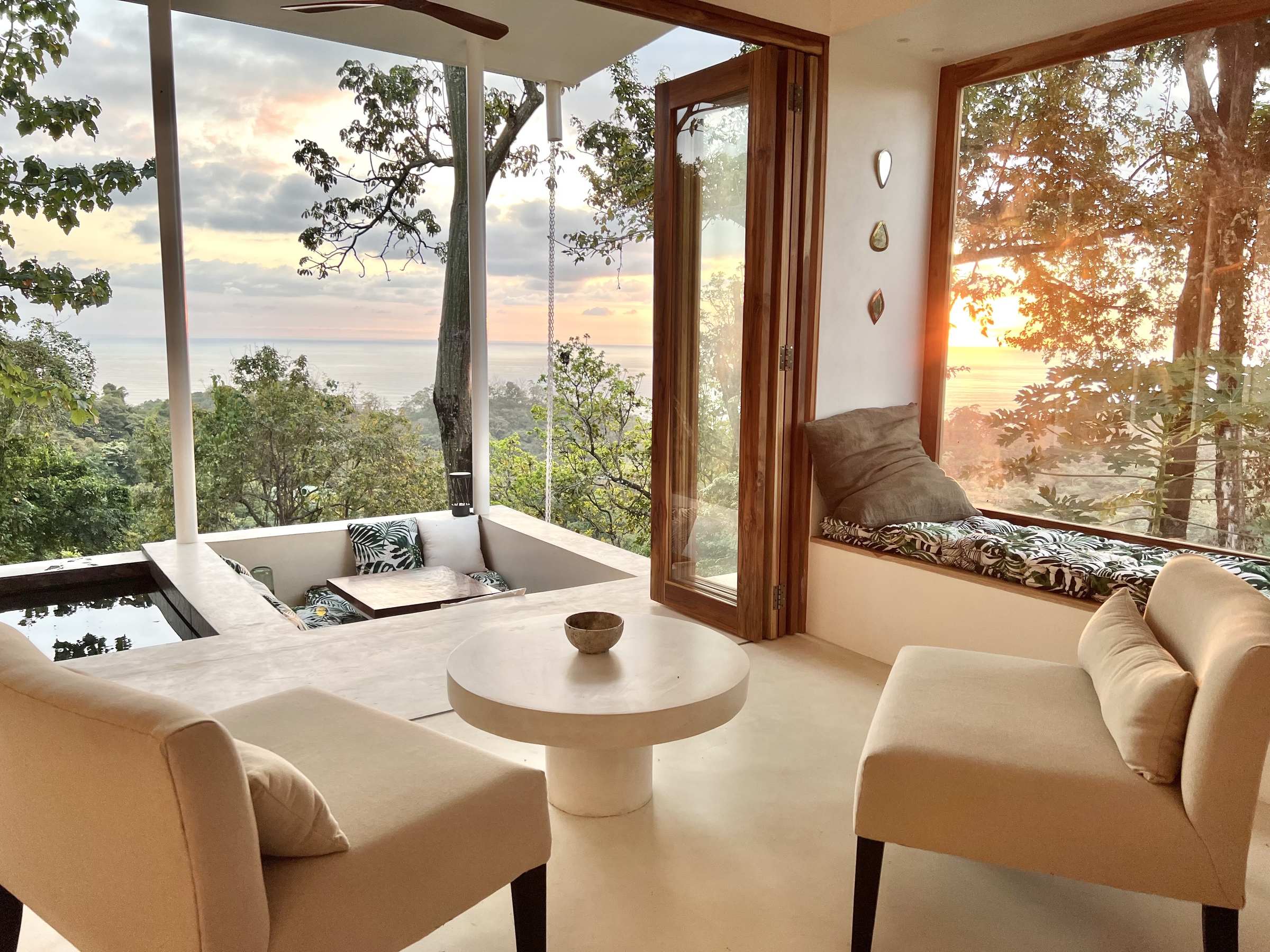 Nouli — terrace at sunset with plunge pool.